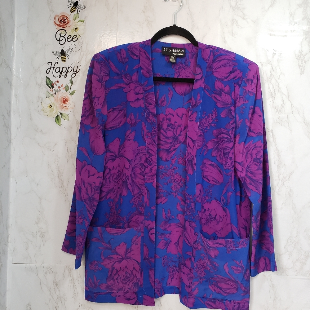 St. Gillian by Kay Unger 100% Silk Blouse Cardigan Blazer Blue/Purple Floral (4)